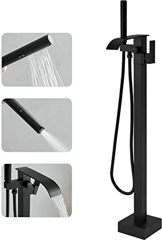 RUMOSE Wannenfüller, freistehend, schwarz, Bodenmontage, Wannenhahn, Wasserfall, freistehend, Badewannenfüller, hoher Durchfluss, Messing, Badewannenarmaturen mit Handsprüher