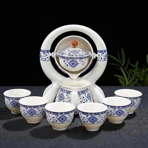 Scizorito Hochwertige Chinesische Tee-Set-Geschenkbox, Rotierendes Kung Fu Tee-Set, Reines Handfeuern, Mit Rotierender Teekanne und Infuser, Geeignet für Büro, Zuhause, Geschenk (Vollmond Weiß)