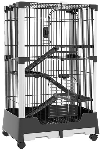 PawHut Cage pour Animaux Petits avec Roues 114x75x50 cm Parc pour Animaux de Compagnie avec 3 Plateformes 3 Rampes Plateaux Amovibles pour Furets Lapins Noir