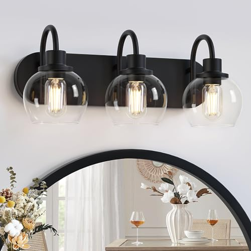 Dpyrrhic Bathroom Vanity Light,Modern 3-Light Bathroom Lighting Fixtures Over Mirror with Clear Glass Shade and Metal Base,Matte Black Bathroom Lighting