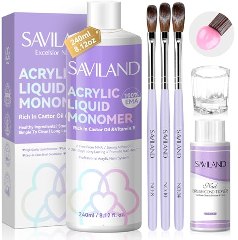 SAVILAND 240ml Monomer for Acrylic Nails: EMA Non-Yellowing Acrylic Liquid for Acrylic Powder Nail Extension with 3Pcs Acrylic Nail Brushes+Brush Conditioner+Dappen Dish Gift for Her