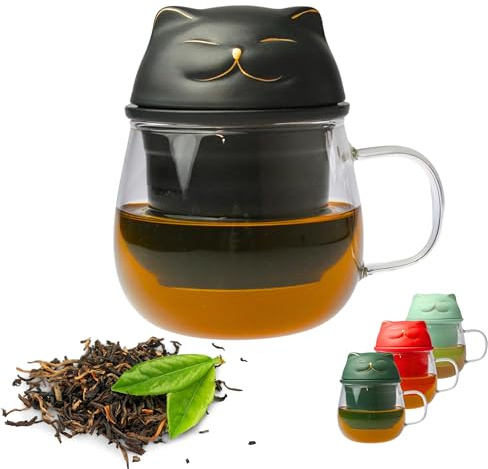 Kicura Glas-Teetasse 420 ml mit Deckel und Sieb, Katzen-Design, aus Borosilikatglas, für losen Tee und Kräutertee, mit Geschenkbox (Schwarz)