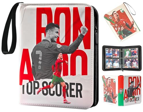 Oirigaga Fußball Karten Sammelalbum, 4 Taschen Fussball Sammelkarten Album mit Reißverschluss Tragegriff, 50 Seiten für 400 Karten, 3-Ring Karten Ordner, Wasserdichtes PU-Leder Sammelmappe Sammelheft