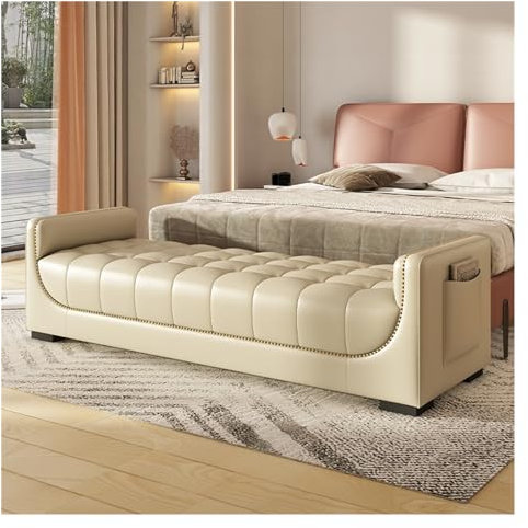 Bettbank Schlafzimmer-Ottobank aus Leder, gepolsterte Bettbank, Moderne Schuhbank for den Eingangsbereich mit Armlehnen und Aufbewahrungstaschen, Wohnzimmerbank, Esszimmerbank Schlafzimmerbank (Color
