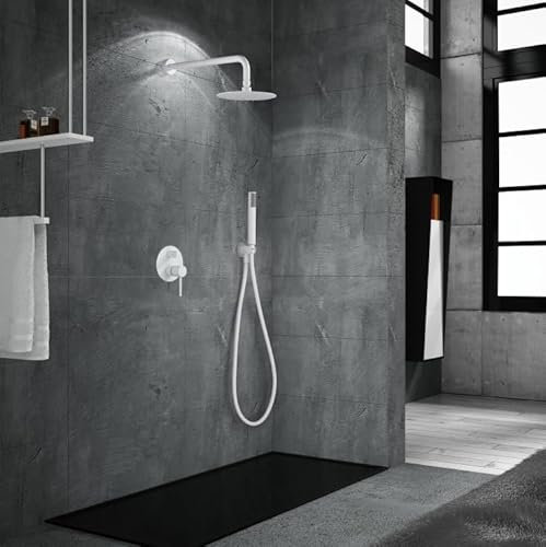 Imex - Douche encastrée monocommande blanche | Kit de robinetterie encastrée avec douchette et pommeau anticalcaire effet pluie | Colonne de douche encastrée en laiton et acier inoxydable S.304 |