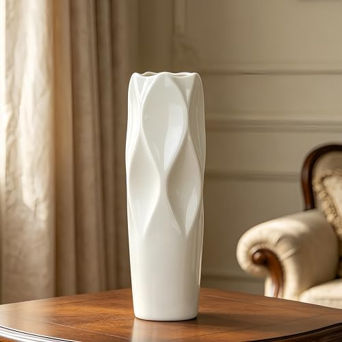 JIDOFUE Keramikvase, Weiße Blumenvase, 12 Zoll/30 cm hoch Moderne strukturierte Vasen für Bauernhaus, Regal, Tischmittelpunkte, Heimdekoration, Wohnzimmerdekorationen Große Muster-Vase für Pampasgras