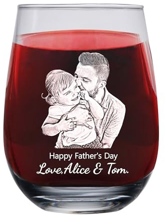 Ozinna Personalized Engraved Photo Stemless Wine Glass,Custom Drinking Glass Unique Barware Gifts for Men Dad Husband Papa Grandpa,Father's Day Birthday Gift from Daughter Son Kids Wife
