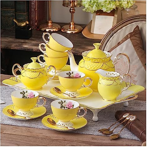 DDKYHU Set da tè in Porcellana fine, Set da caffettiera Inglese da 16 Pezzi con Tazza, piattini, zuccheriera e brocca per Panna (Colore: Blu) (Giallo)