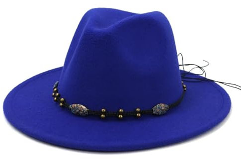 FULUJIDI Fedora Trilby Filzhut Hut Frauen Männer Elegante Filz Fedora Hüte Breite Krempe Ledergürtel Kirche Party Top Hut Panama Mütze 56 To58 cm Saphir