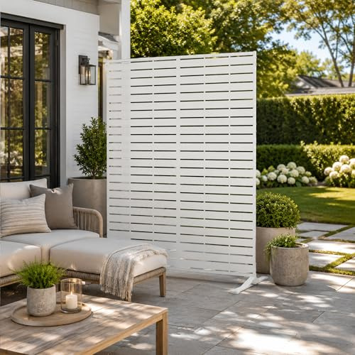 Kozyard Brise-vue décoratif en métal avec panneaux de support pour terrasse, balcon, jardin, extérieur et intérieur (blanc/lattes horizontales) - 188 x 129,9 cm (H x l)