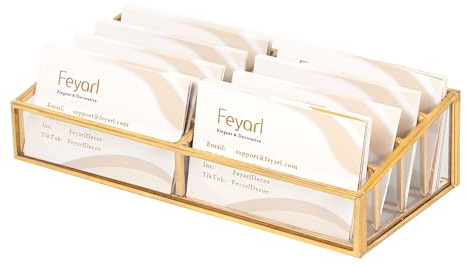 Feyarl Visitenkartenhalter Glas Gold 8-Fach Business Kartenhalter mit Goldrahmen Eleganter & Stabiler Visitenkartenständer für Büro, Empfang & Messe, Platz für 300 Karten