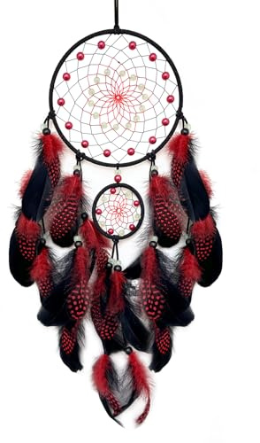 Donko Red and Black Dream Catcher Wall Decor Feather Dream Catchers with Luminous Bead Handmade Dreamcatcher Wall Hanging Ornament for Bedroom Living Room Home Decor