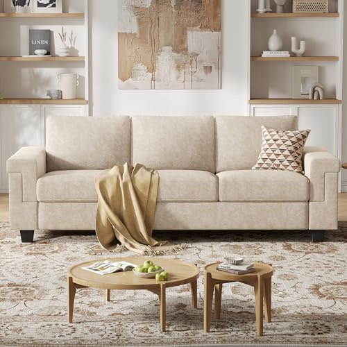 COPIAE 3 Seater Sofa Couch with Deep Seat, 90 Modern Upholstered Sofa with Armrests, Easy Installation, Comfy Couches for Living Room, Apartment, Beige