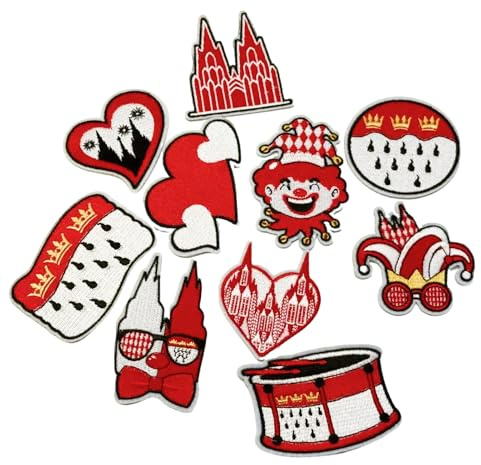10er Set Kölner Karneval Bügelflicken in Rot und Weiß, Hochwertige Applikationen für Kleidung, Jeans, Hüte und Bastelzubehör, Ideal für Karnevalskostüme und Alltagskleidung, Einfach anzubringende Text