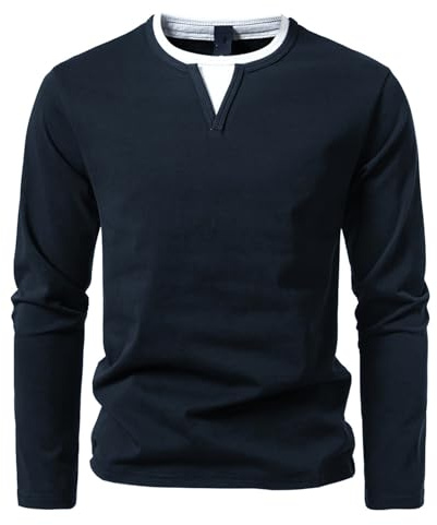 HOTIAN Långärmad tröja för män med V-ringning, baströja, Henley-skjorta, toppar, fritid, sweatshirt, t-shirt för män, marinblå, S