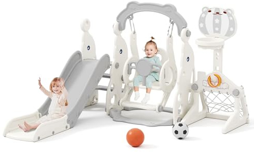 Glaf Toddler Slide and Swing Set 6 in 1 Toddler Outdoor Playset Kids Slide for Toddlers 1-3 Baby Climber Toys for 1 Year Old Indoor Slide Playground with Basketball Hoop Soccer (Grey with Goal)