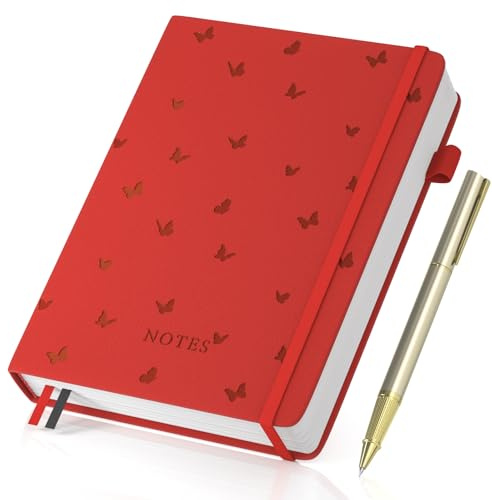 Umriox Notizbuch A5 Liniert,100g/m² Papier,Tagebuch mit Stift,365 Seiten | Elegantes Schmetterlingsdesign,Journal mit Stift,mit Index Tabs,Erweiterbare Taschen,Elastische Bänd,14.5 x 21 cm-Rot