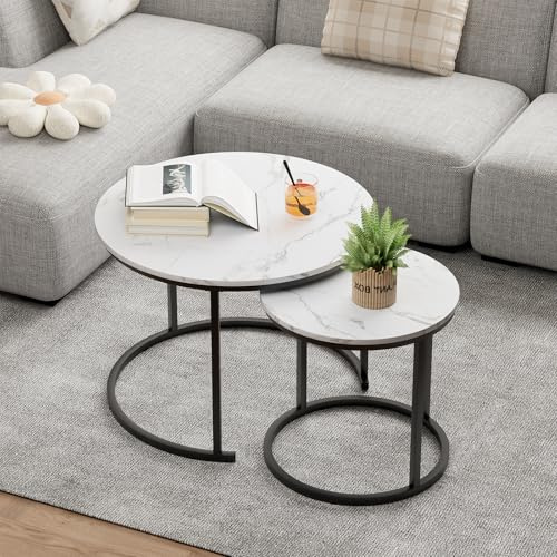 Beistelltisch Set Rund, Couchtisch 2er Set, Sofatische, Couchtisch aus Holz mit Metallrahmen, Living Room Table, Kaffeetisch, Wohnzimmertisch, Tischkombination fürs Wohnzimmer, Balkon, Weiß+Schwarz