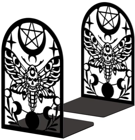 Peacoblue Buchstützen Metall,Totenkopfmotte Buchstütze Dekorativ für Bücher | 1 Paar 5.3x4.3x7.9 schwere Gusseisen Buchhalter, Stabile Buchstopper für Bücherregal, Schreibtisch, Büro und Wohnraum