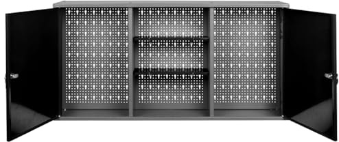 Kreher Werkstattschrank aus Metall mit Lochwand in Schwarz | Mit 2 abschließbaren Türen und höhenverstellbaren Einlegeböden. Maße B x T x H 120 x 19 x 60 cm.