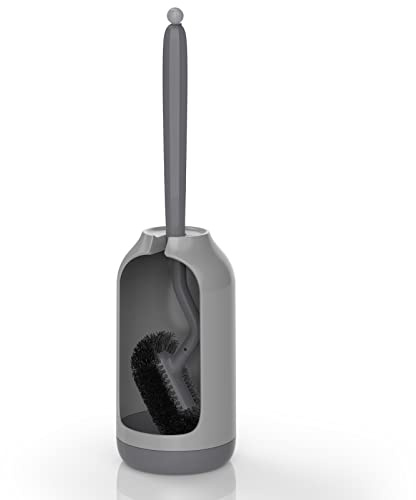 HAMITOR Toilet Bowl Brush Holder Set: Bathroom Deep Cleaning Toilet Cleaner Scrubber Under Rim with Curved Bristle for Dead Corner Clean - Hidden Rv Toilet Decorative Accessories with Caddy- Gray