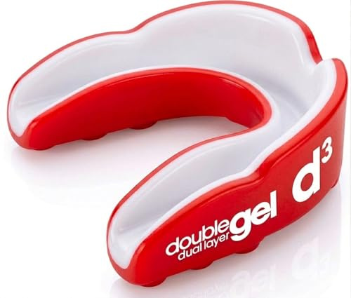 d3 Protector bucal deportivo [doble capa gel talla para adultos 12+] Protección bucal dientes para deportes de contacto Boxeo MMA Kickboxing Muay Thai Rugby Artes Marciales | Funda higiénica (rojo