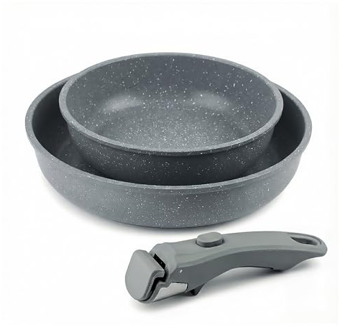 CASTEY - Easy Pan Duo, Set de Sartenes con Mango Desmontable, Aluminio, Doble Recubrimiento Antiadherente, Apto para Horno y Todas las Cocinas, Fácil Limpieza, Gris