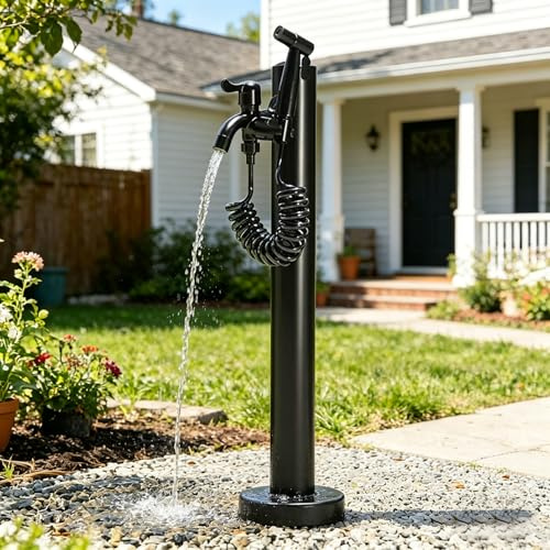 Fontana da giardino,per esterno,Fontanella a colonna moderna,Fontanella a Colonna Acciaio Inox,Rubinetto con doppia uscita/uscita singola/con pistola a spruzzo 60cm Nero D