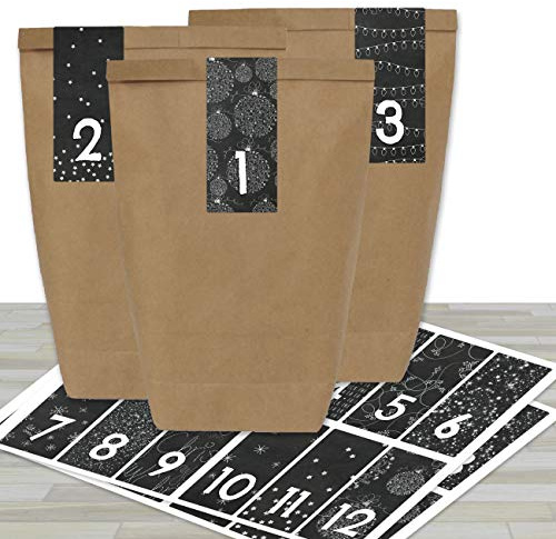 Papierdrachen Adventskalender zum Befüllen - mit 24 braunen Papiertüten und 24 schwarz-weißen Aufklebern 2025 - zum Selbermachen und Basteln - Mini Set Nr 33 - Weihnachtskalender für Kinder