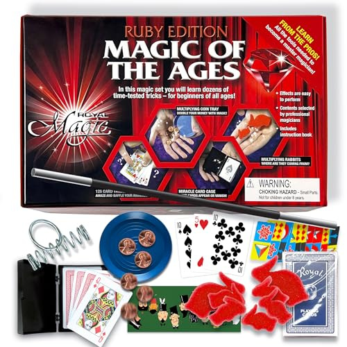 Ruby Edition Magic Kit for Kids Age 8-12 with Card Magic, Coin Tricks, Puzzles and Mental Effects, Includes Royal Deck and 125 Tricks with Cards Book, Beginner Friendly Magician Set for Family Shows