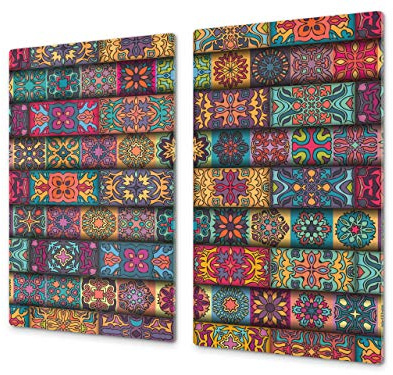 Chopping Board - Induction Cooktop Cover - Glass Cutting Board; Measures: Single: 23,62” x 20,47”; Double: 11,81” x 20,47”; D14 Patterns and Mandalas Series: Tiles 4