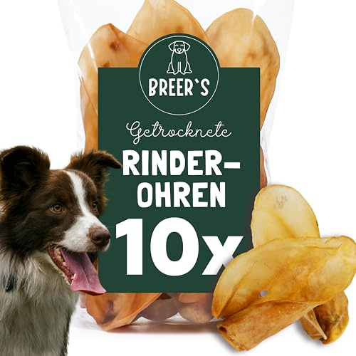BREERs Getrocknete Rinderohren für Hunde 10 Stück aus eigener Deutscher Herstellung, Naturkau-Snack Leckerli Kauartikel Hundefutter ohne Chemie