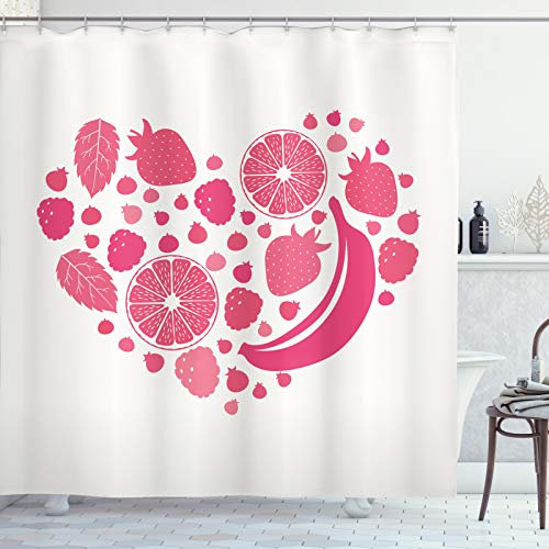 ABAKUHAUS Obst Duschvorhang, Monochrome Bio-Lebensmittel Herz, Stoffliches Gewebe Badezimmerdekorationsset mit Haken, 175 x 200 cm, Dunkle Koralle und Off White