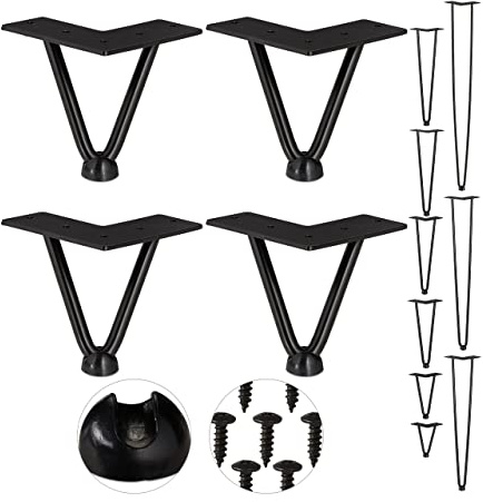 Relaxdays Hairpin Legs, 4er Set, 2 Streben, Metall, Haarnadel Tischbein für Hocker, Tisch & Schrank, 10 cm hoch, schwarz