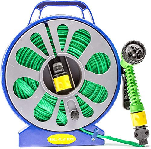 Homespired® 50 Feet Flat Garden Hose Kit - Includes Hose Reel and Spray Nozzle with 7 Settings - Compact Water Pipe for Garden, Watering Lawn Hose Reel Cart Outdoor Planting