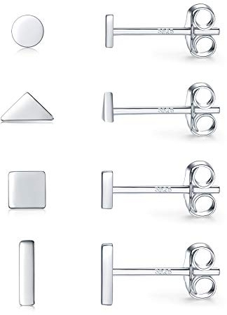 Damen Ohrringe Silber 925, 4 Paar Klein Sterlingsilber Ohrstecker Set für Damen Herren | Kreis Quadrat Dreieck Stab Ohrstecker Silber 925 Set Schmuck Geschenk