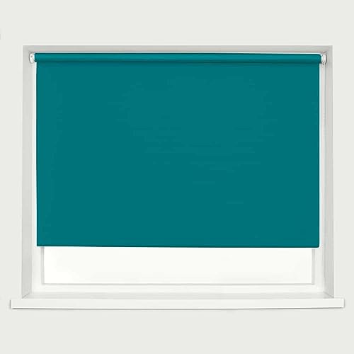 Teal Blackout Roller Blind Metal Fittings Trimmable UV Protection Thermal Properties Premium Fabric Home Office Bedroom Kids Room Child Safe Easy Fit 120cm Width x 160cm Drop