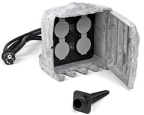 Wiltec Presa multipla con 2 interruttori on/off, effetto pietra, Multipresa per esterno con 4 prese, protezione IP44