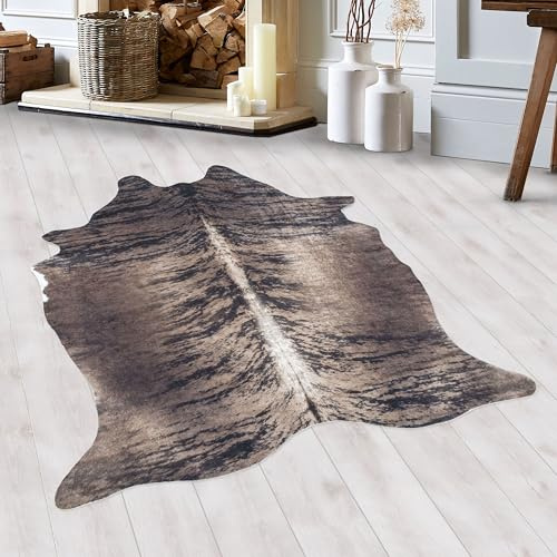 HomebyHome Kunstfell Teppich Braun-Creme 150x200 cm Waschbar & tierleidfrei Täuschend echtes Design rutschfeste Rückseite Weich & vielseitig für Wohnzimmer, Schlafzimmer & Wanddeko