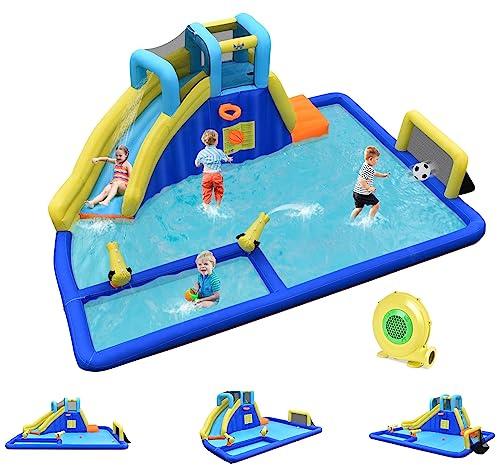 GOPLUS Château Gonflable Foot avec Toboggan et Pistolet à Eau,Aire de Jeux Aquatique avec Divertissements Multiples, Idéal pour Enfants Plus de 3 Ans (avec Souffleur 680W)
