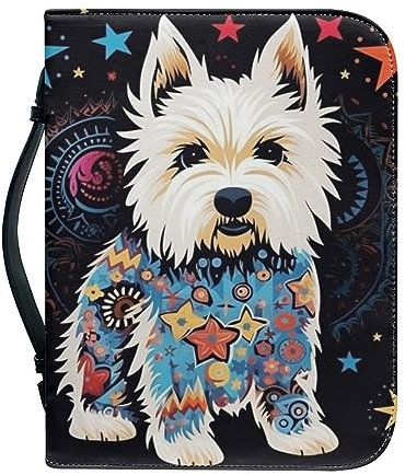 Kuiaobaty Notizbuchtasche mit Griff, weißes Westie-Muster, Buchhülle mit Lesezeichen, Kunstleder, Hundemotiv