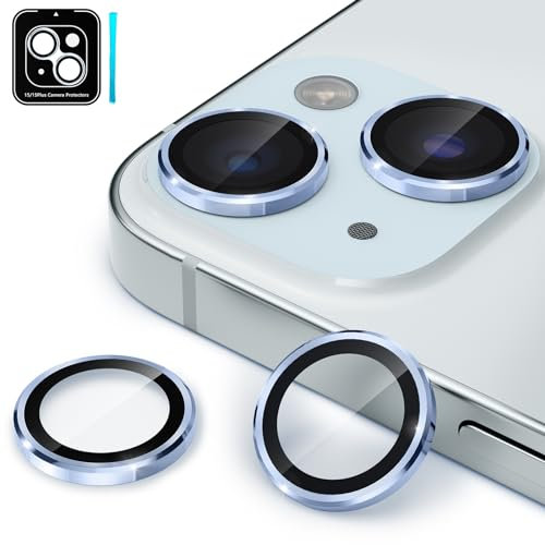 CloudValley Protector de Lente Cámara para iPhone 15 6,1 Pulgadas y iPhone 15 Plus 6,7 Pulgadas, Accesorios Cristal Templado 9H Dureza, HD Transparente Vidrio Metal Protector, Azul