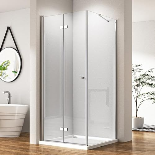 Duschkabine Eckeinstieg Falttür 90x80x185cm Silber Duschabtrennung mit Seitenwand, Falttürkabine mit festem Seitenteil Duschwand, Drehfalttür 6mm ESG Glas, Duschtür Höhe 185cm