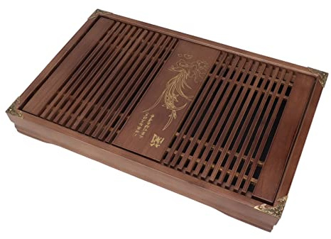 Kungfu Tea Tray, Chinese Gongfu Tea Tray, Drainage Water Reservoir, Wooden Tea Table with Drain Pipe (Light Black Orchid)