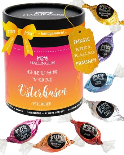 Hallingers Genuss Manufaktur Pralinen-Osterei Oster-Geschenk - ohne Alkohol, handmade aus Edelkakao in wertiger XXL-Geschenkdose Gruß vom Osterh..., Ostern Körbchen für Frauen Männer