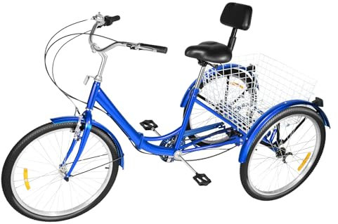 WooDerson 24 Zoll 7 Gang Faltbares Dreirad Für Erwachsene, Blau 3 Räder Fahrrad Mit Korb, Maximale Tragfähigkeit 120kg, Rutschfester Griff