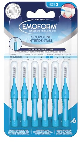 Emoform Celesete interdentalborste 6 stycken med SoftCare-teknik för extra skonsam kontakt med tandköttet tack vare mjuka borst – halkfritt handtag med huva för munhygien