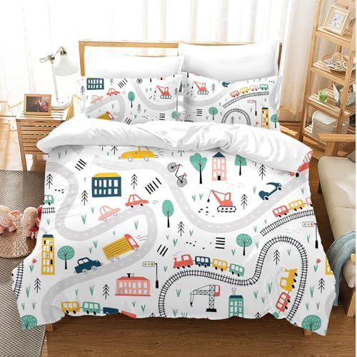 Set di biancheria da letto per bambini di 135 x 200 cm, con design di escavatore, trattore e auto, design di cartoni animati 3D, set di biancheria da letto per ragazzi e ragazze con federa (A-3, 200 x
