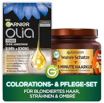 Garnier Colorations- & Pflegeset: Olia 10.1 Platinblond Toner gegen Gelbstich + Wahre Schätze Reparatur-Kur (340ml) - Für Blondiertes Haar, Strähnen & Ombré - Anti-Gelbstich Intensivtönung & Haarkur