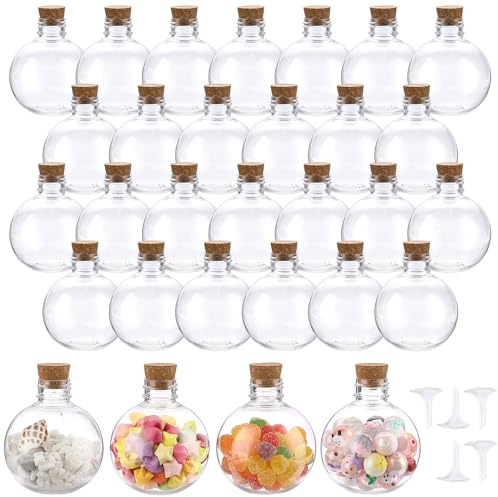 SUMTree 30 botellas de arena de plástico pequeñas botellas de poción con tapón de corcho y 5 mini embudos para arte decorativo, aceite esencial, decoraciones de fiesta (150 ml, bola)